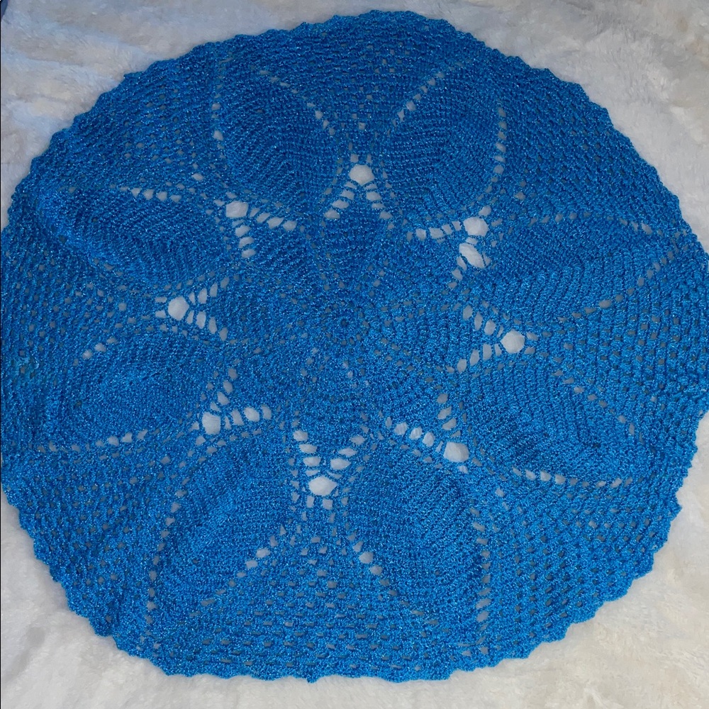 Large blue hand made circular doily - approximately 19” x 19”